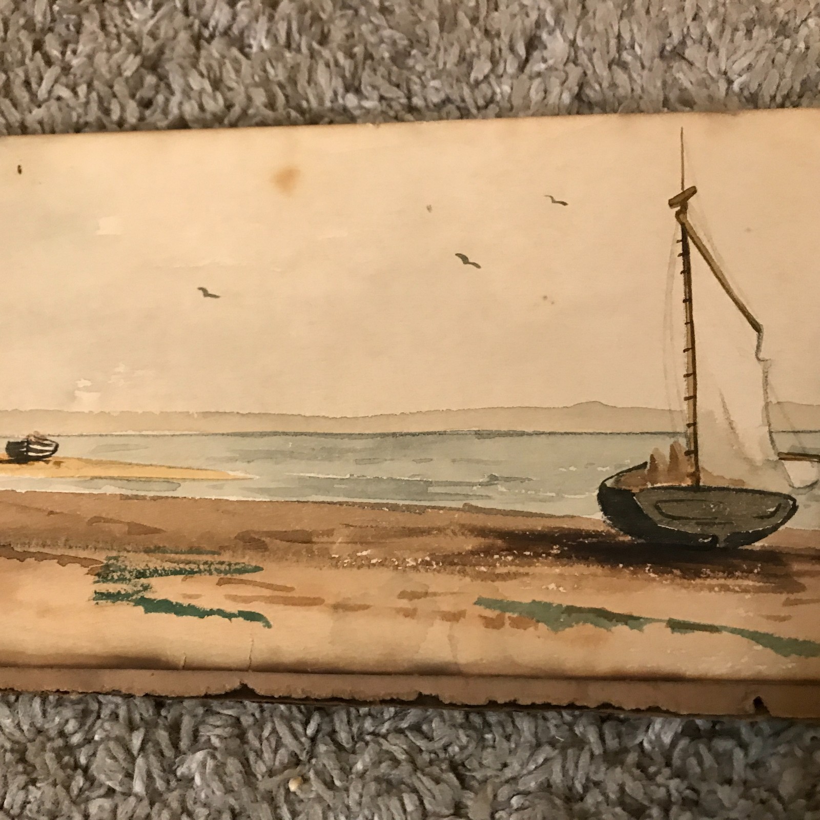 Arthur Quartley Seascape with Beached Sailboat Antique Watercolor Painting
