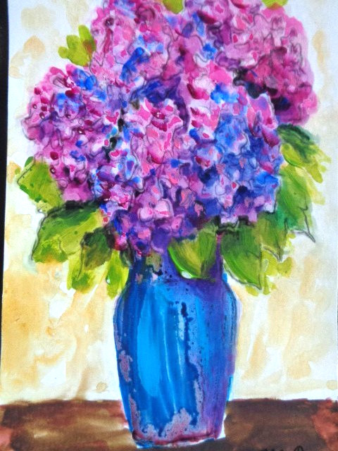 OOAK – Original BIG HYDRANGEA FLOWERS TALL FLOWER VASE FLORAL Painting ART