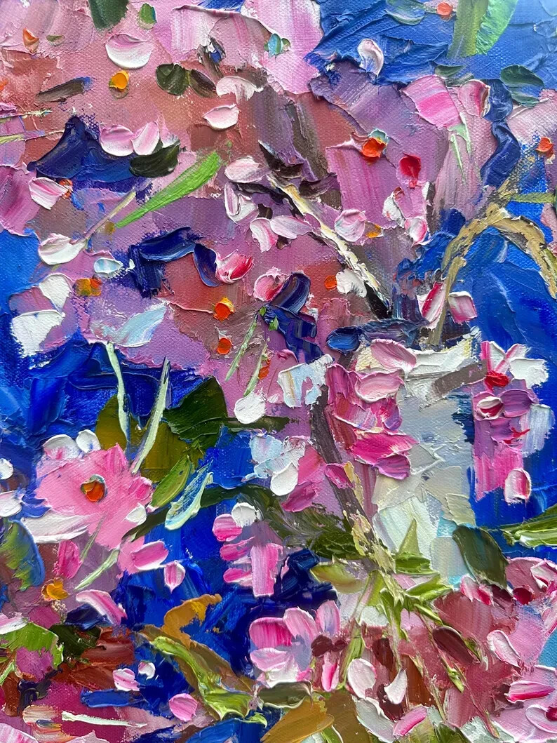Pink Cherry Blossoms Flowers & Pears Still Life Oil Painting on Canvas 28×22 in