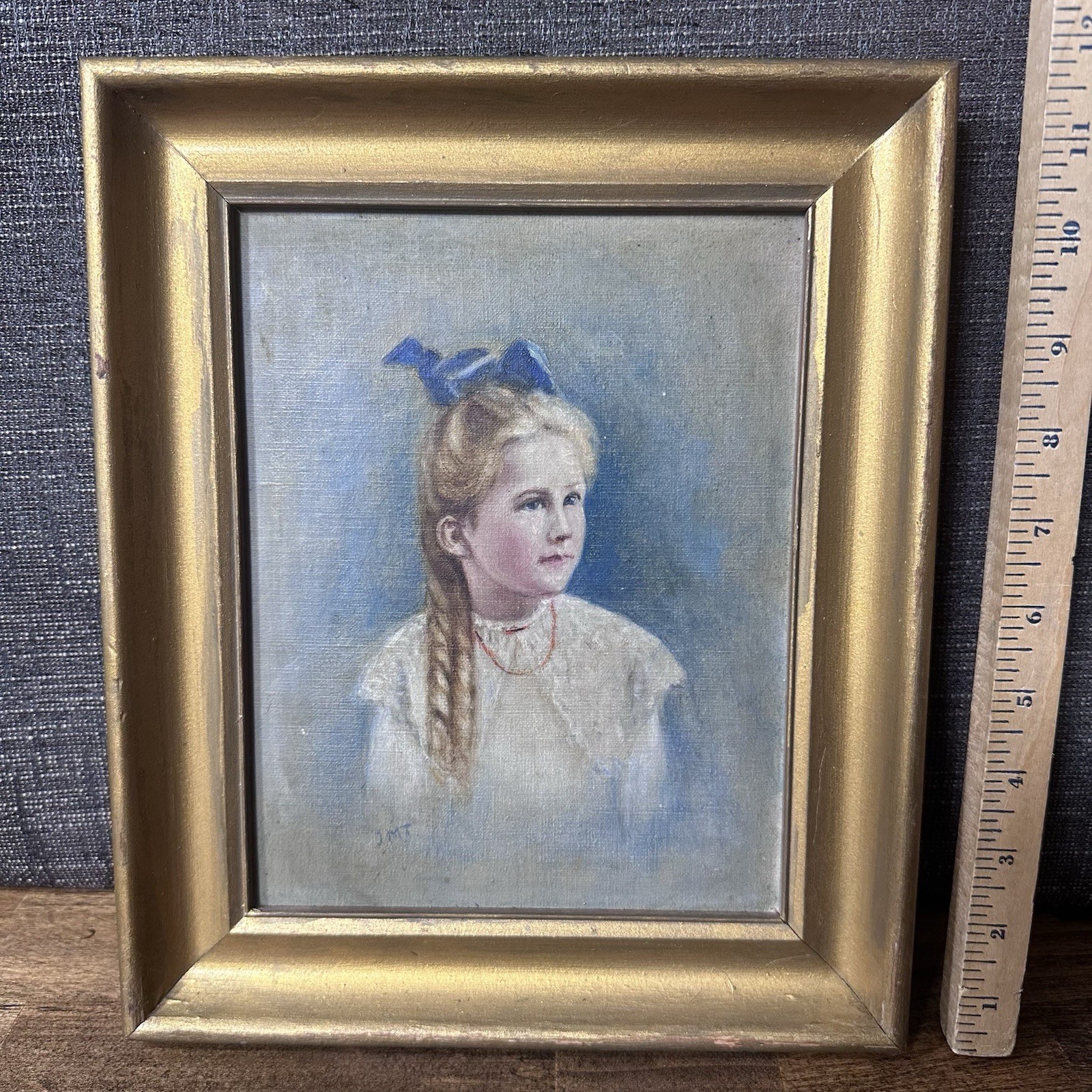Original Antique Portrait Of A Young Girl Signed J. M. T. Blonde Hair Blue Eyes