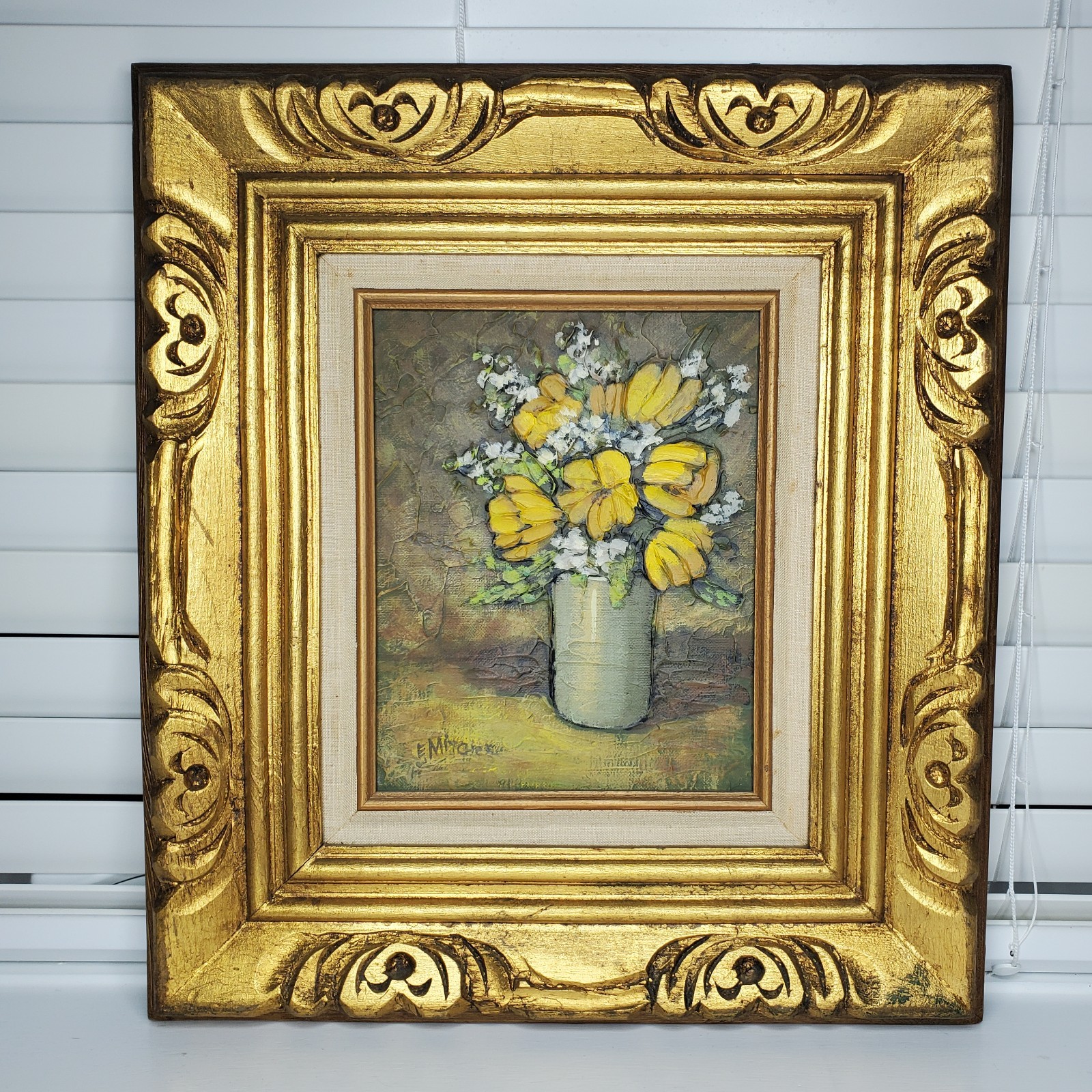 Oil Painting Yellow Tulips In Gray Jar Intricate Gold Frame Beautiful Art Signed