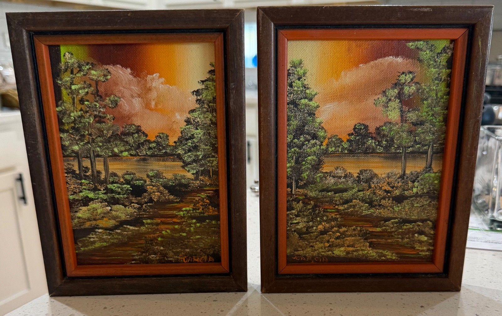 Original Oil Paintings By Garcia set Small MCM STUNNING SUNSET LAKE FOREST