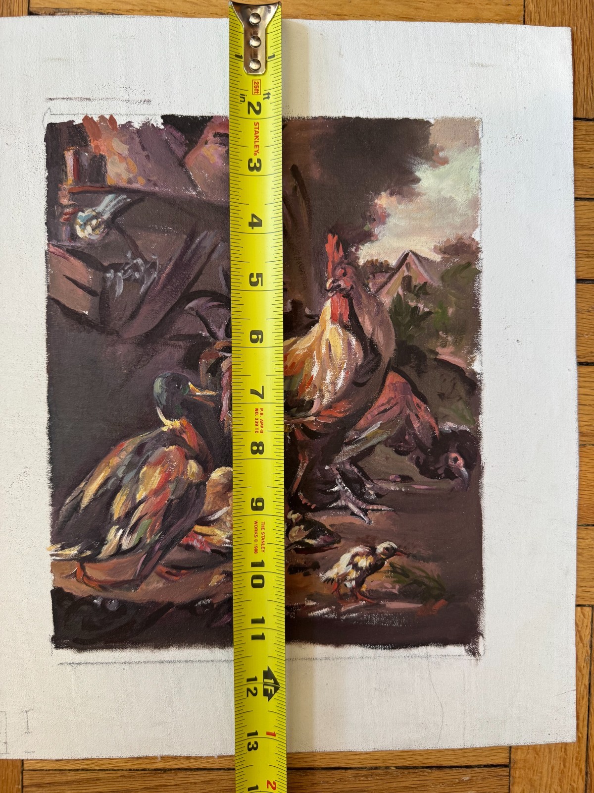 Vintage Acrylic Canvas Painting Mallard Ducks and Roosters Scene 8.5 x 9.5