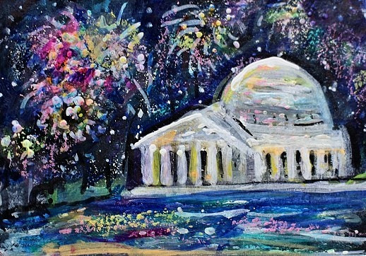 ACEO Original PAINTING Washington DC FIREWORKS Night Building Landscape ATC ART