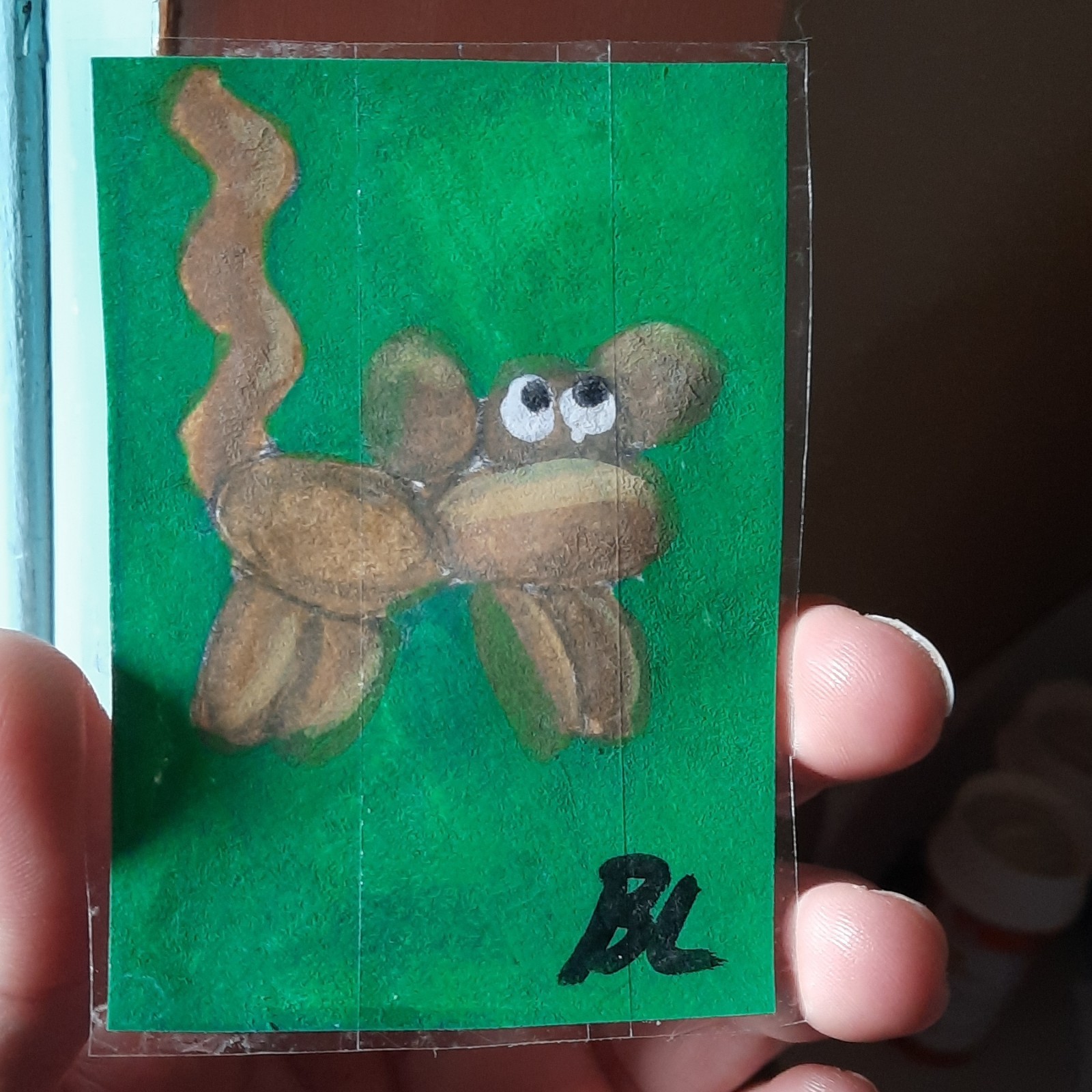 Balloon animal Monkey laminated OOAK Acrylic Painting Signed Art Card aceo atc