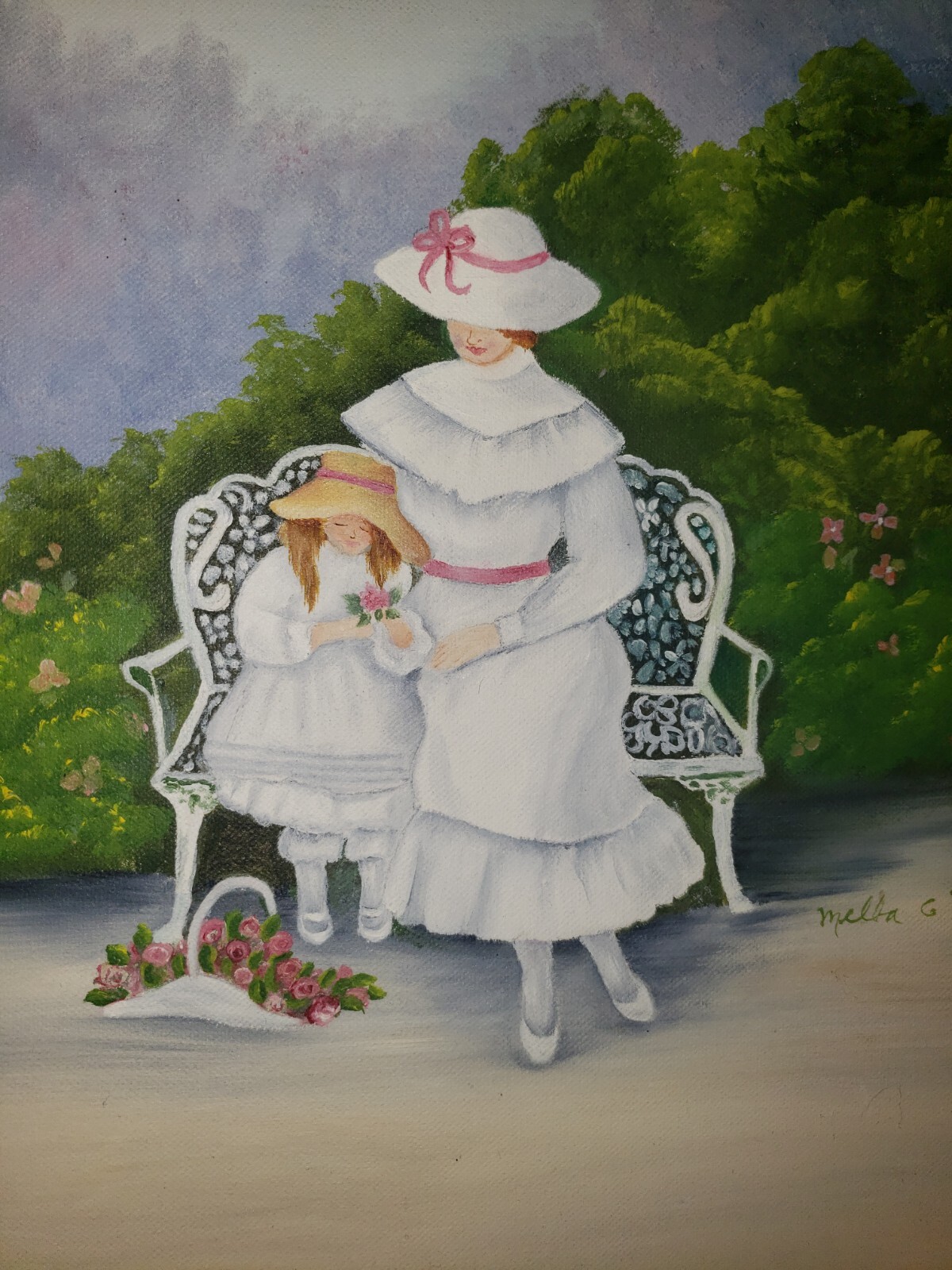 Vintage Oil On Canvas Painting Mother & Child Dressed in White in a Garden