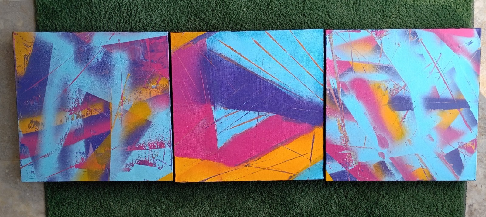 A.E.M. Original Abstract Art «Fusion Flash» Spray Paint Triptych Fine Art