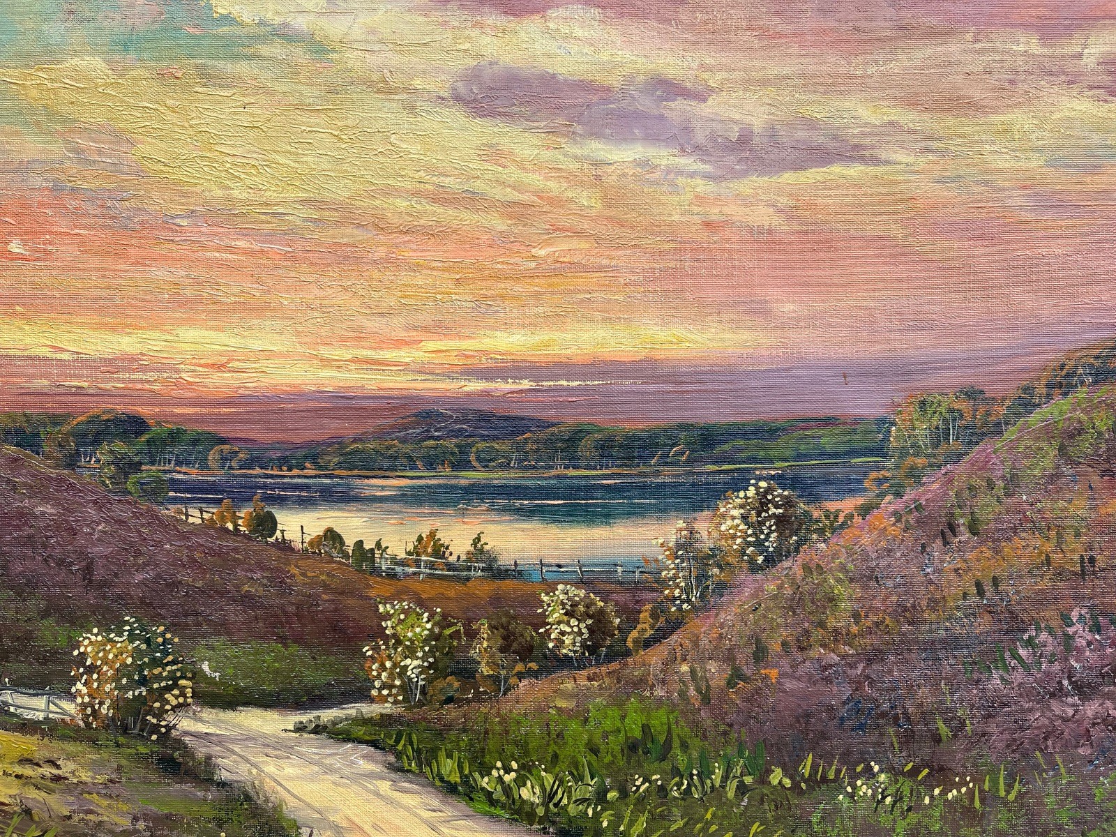 Impressionist Evening Summer Landscape With Lake Oil Painting, Antique, Framed