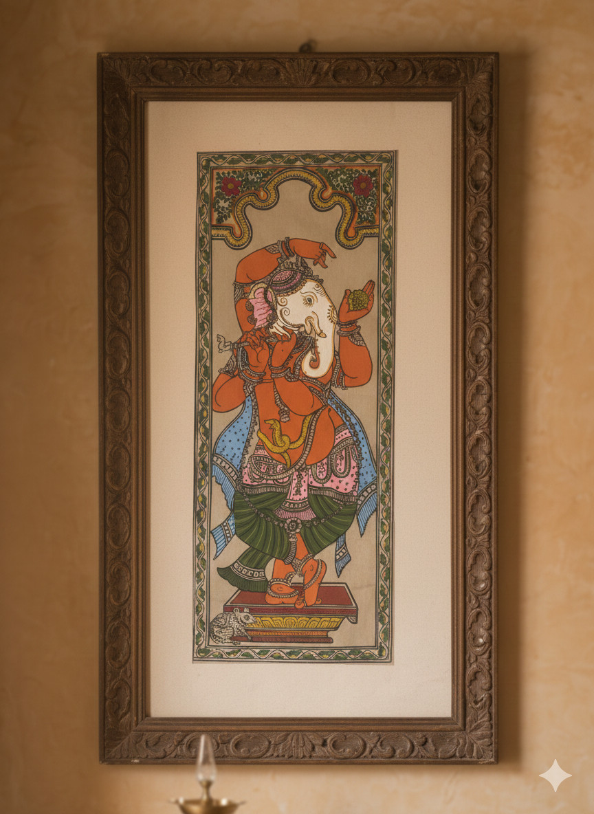 Handmade Madhubani Ganesha Painting – Mithila Folk Art,Indian Wall Decor (18×9)