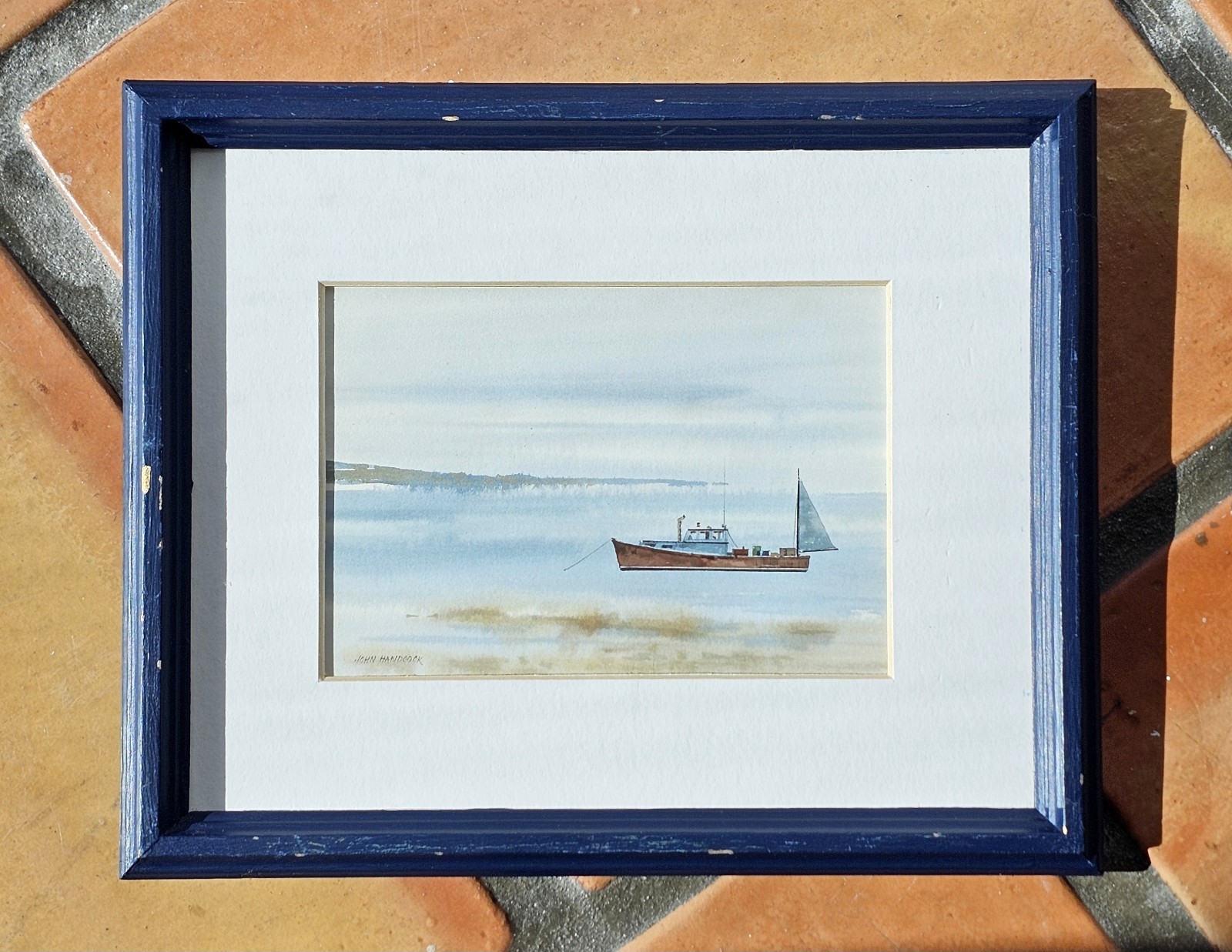 JOHN HANCOCK Watercolor Painting – Fishing Boat Sailboat Lobster Maine Seascape