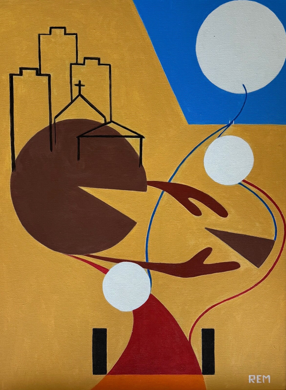 Vintage Surreal Abstract Geometric Painting Art Wall Hanging Signed REM Menges