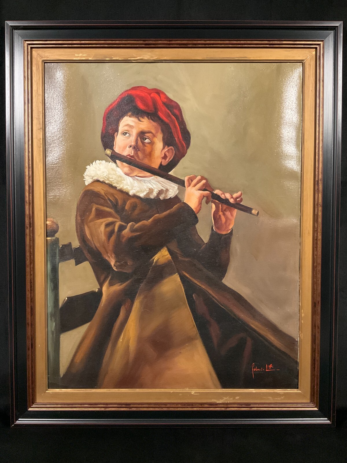 Vintage Framed Portrait Oil on Canvas «Young Flute Player» After Judith Leyster