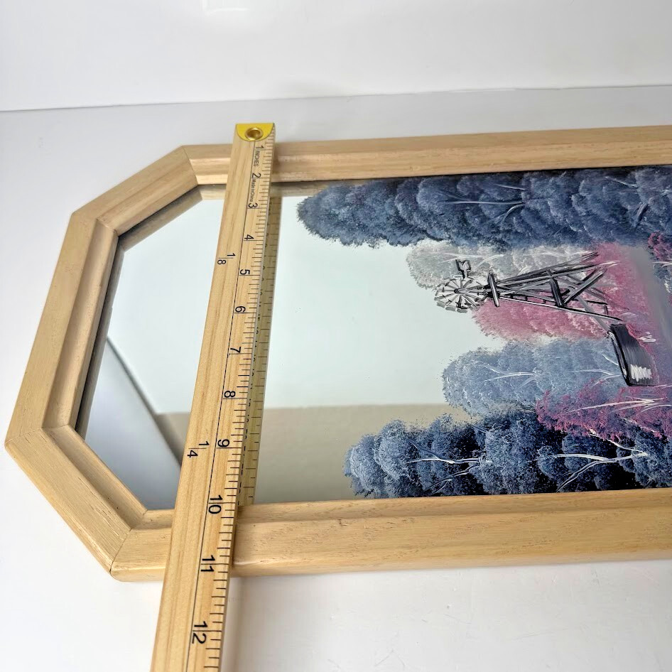 Vintage Original Landscape With Windmill/Trees/ Pond Painted on Mirror Singed