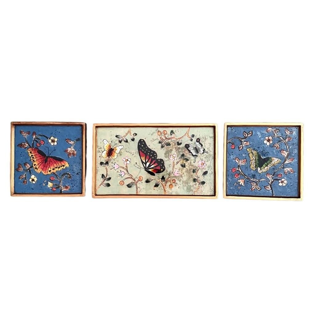 Set of 3 Reverse Painted Glass ‘Butterfly Peace’ Wall Art by Manuel Enciso