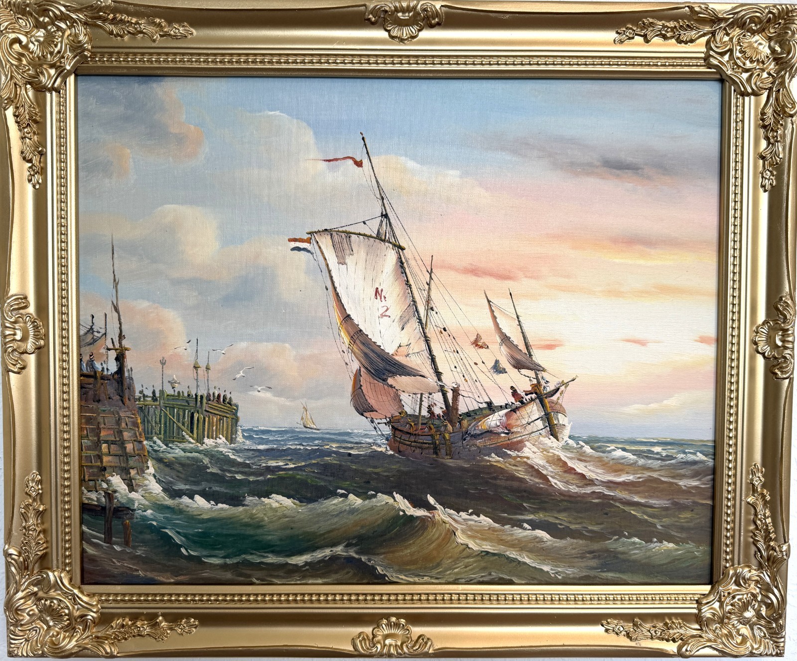 Original Oil Painting Sailing Boat Harbor Storm Seascape Nautical Art Framed
