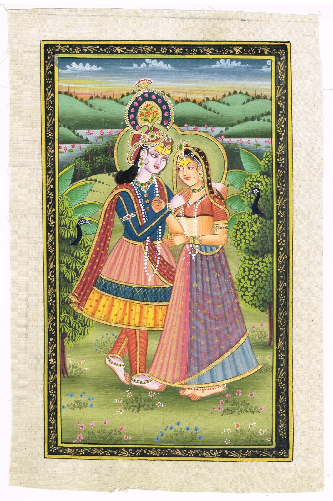 Indian Religious Art Painting Of Radha Krishna In Love Scene Art 7×11 Inches