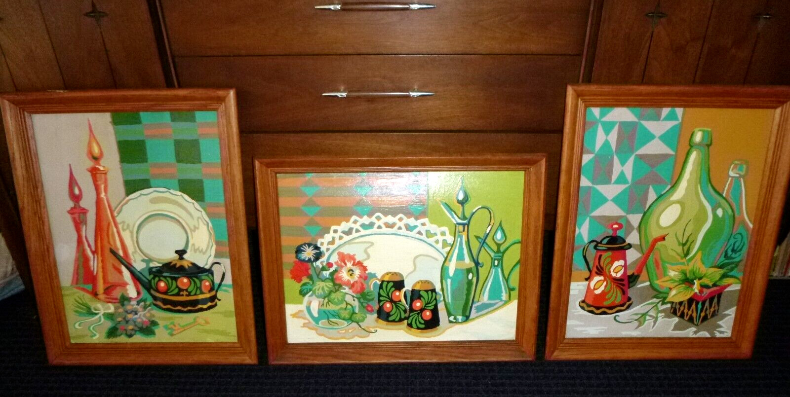 Set of 3 Vtg 60’s Paint By Number Paintings Craftint Still Life Genie Bottles