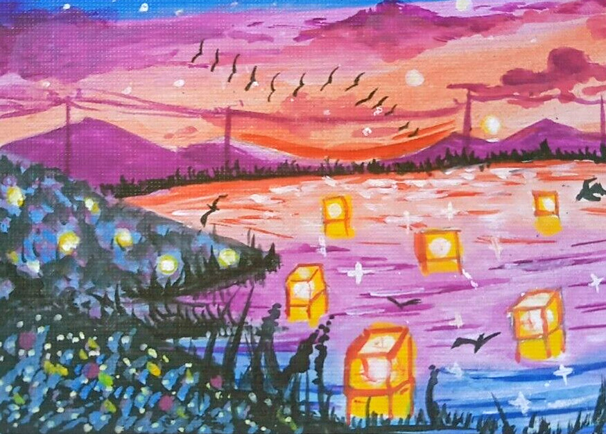 ACEO PRINT OF PAINTING EVENING SUNSET TWILIGHT LANDSCAPE LAKESIDE LANTERNS ART