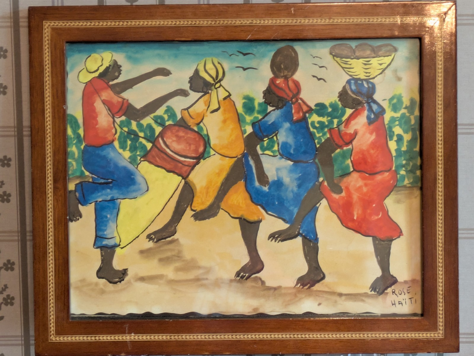 Haitian Folk Art Dancers Watercolor on Paper Painting Signed Framed