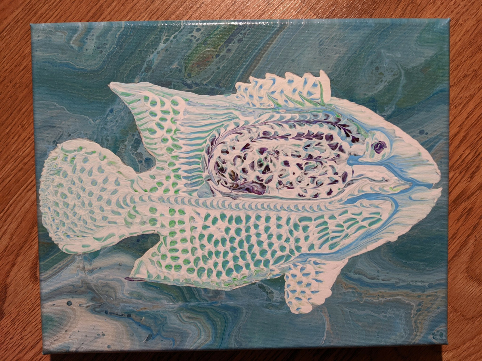 Original Acrylic Fluid Pour Painting of Fish, Title White Damsel, 8×10 Canvas