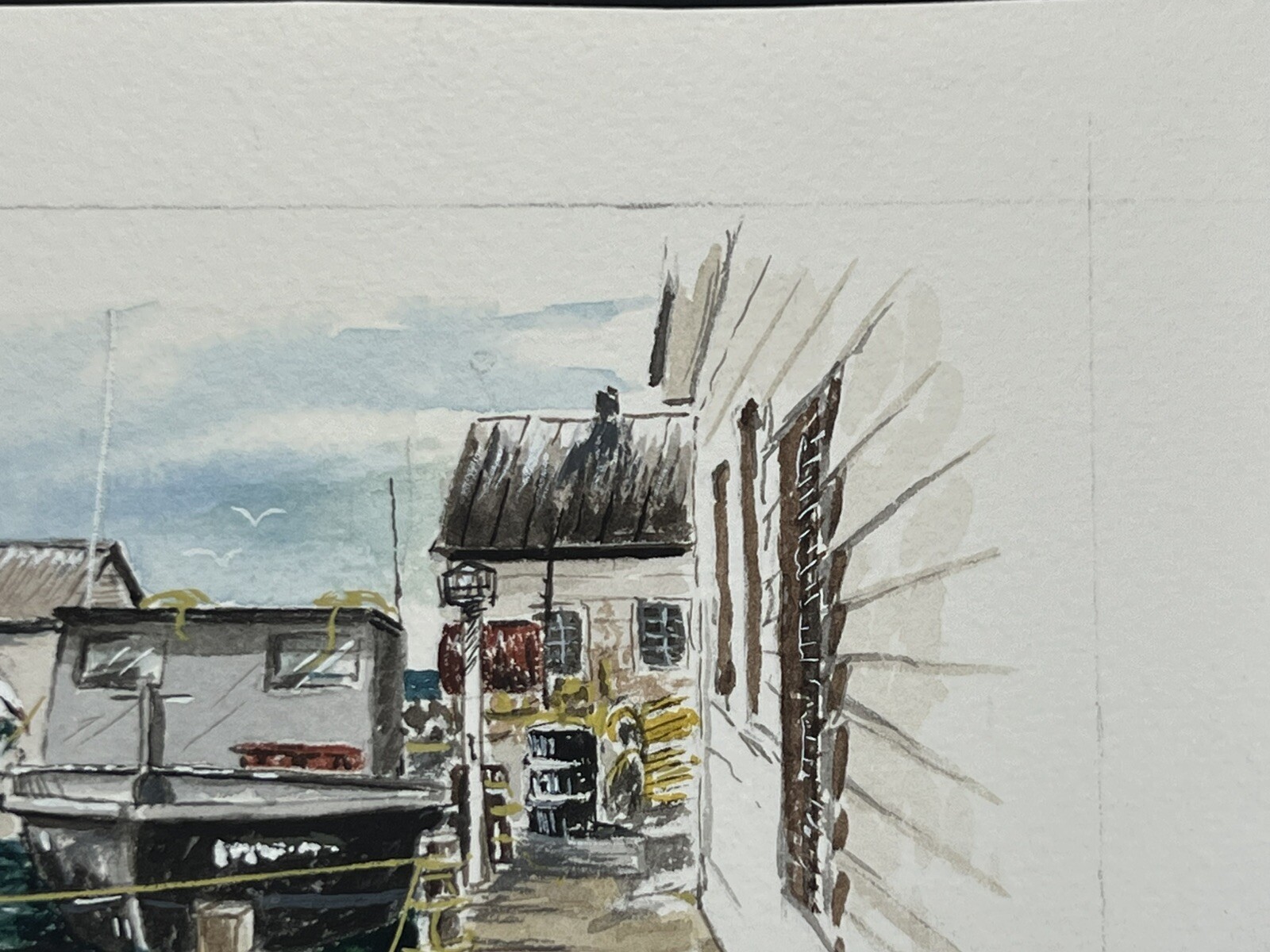 Watercolor Painting Fishing Boat Unloading Catch At Harbor 4×6″ Fine Art Davel
