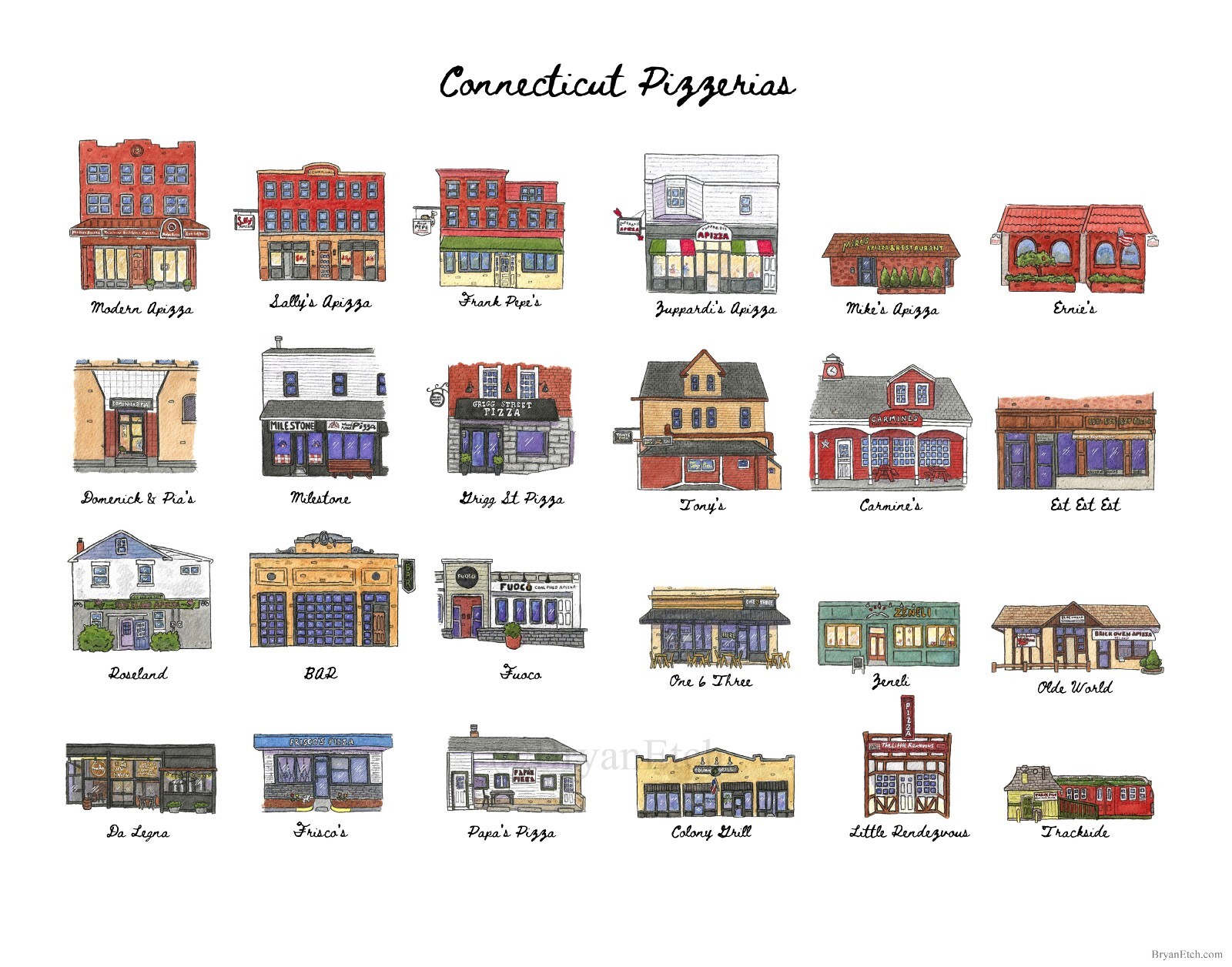 24 Connecticut Pizzeria Storefronts in Watercolor 11×14″ Art Print by Bryan Etch