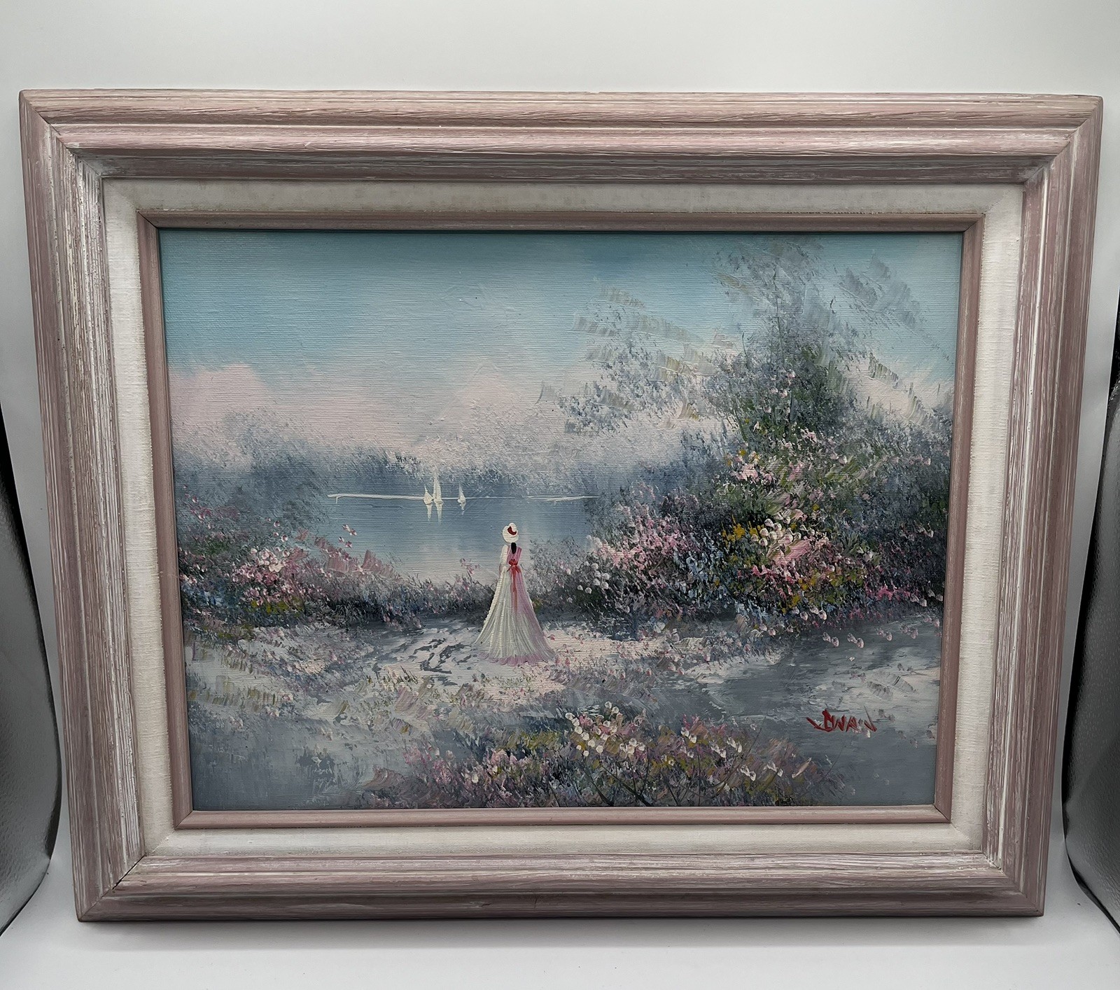 Original Oil on Canvas 12 X 16 Canvas – Woman In White Overlooking Pond