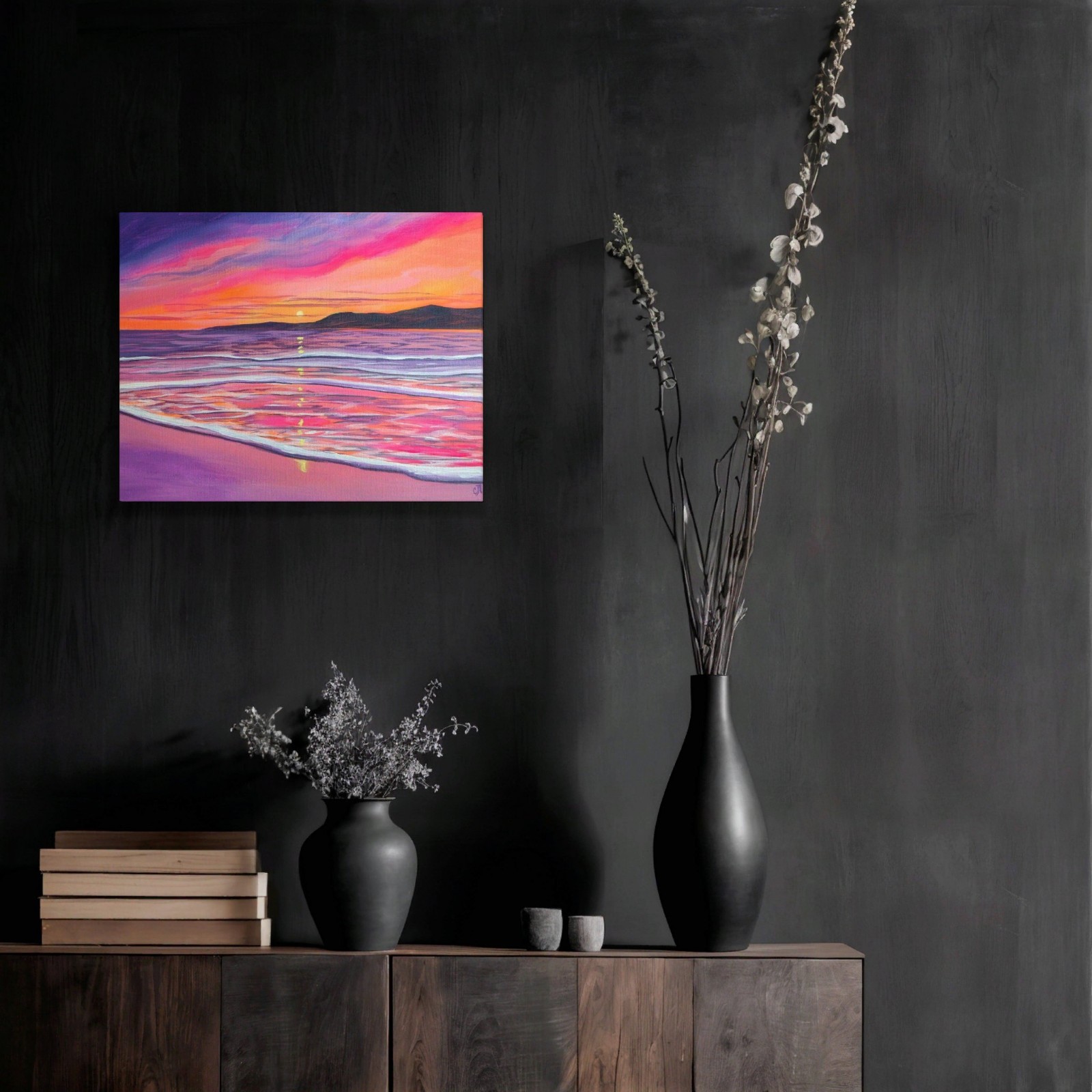Beach Sunset. Original Painting On Canvas. Coastline Landscape. Ocean Seascape