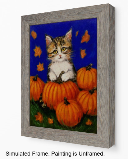 Original Cat Painting Kitten & Pumpkins 5×7 Pet Modern Wall Art Decor