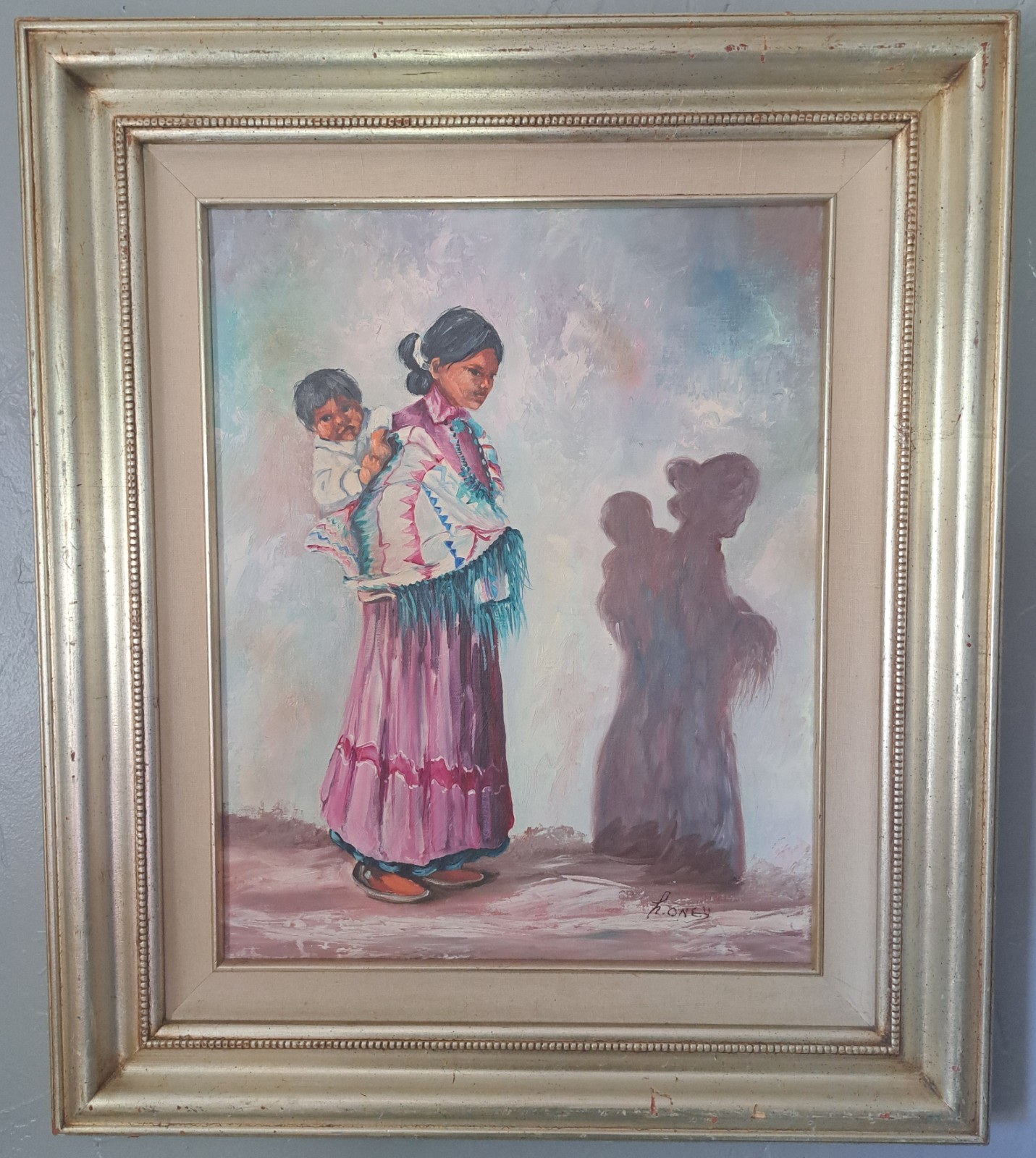 Vintage Signed Oil Painting Mother Child Traditional Dress Shadow Framed 24×28