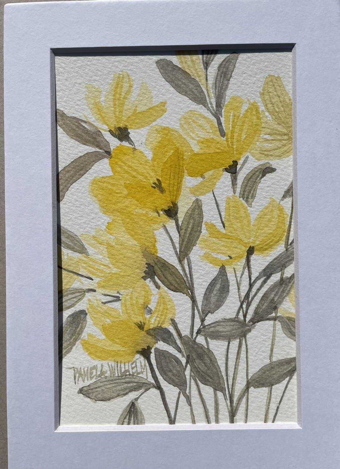 Pamela Wilhelm Watercolor 4X6 Original Art In 5”x7” Mat Yellow Grey Floral