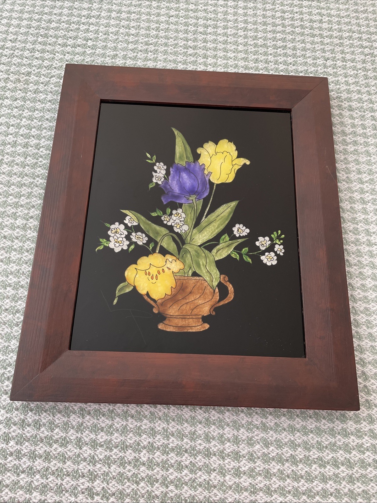 Vintage Tinsel Foil Reverse Painting on Glass Floral Framed Art