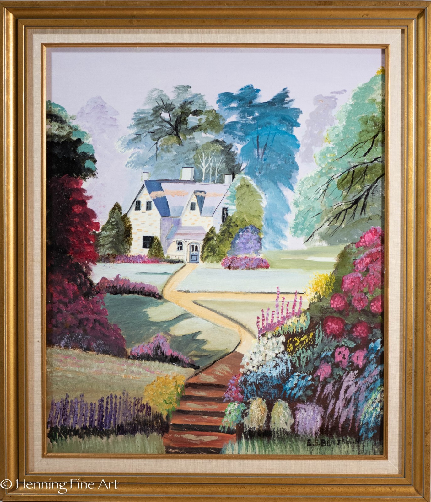 Beautiful Colorful Floral Landscape with House by E.S. Benjamin Whimsical & Fun