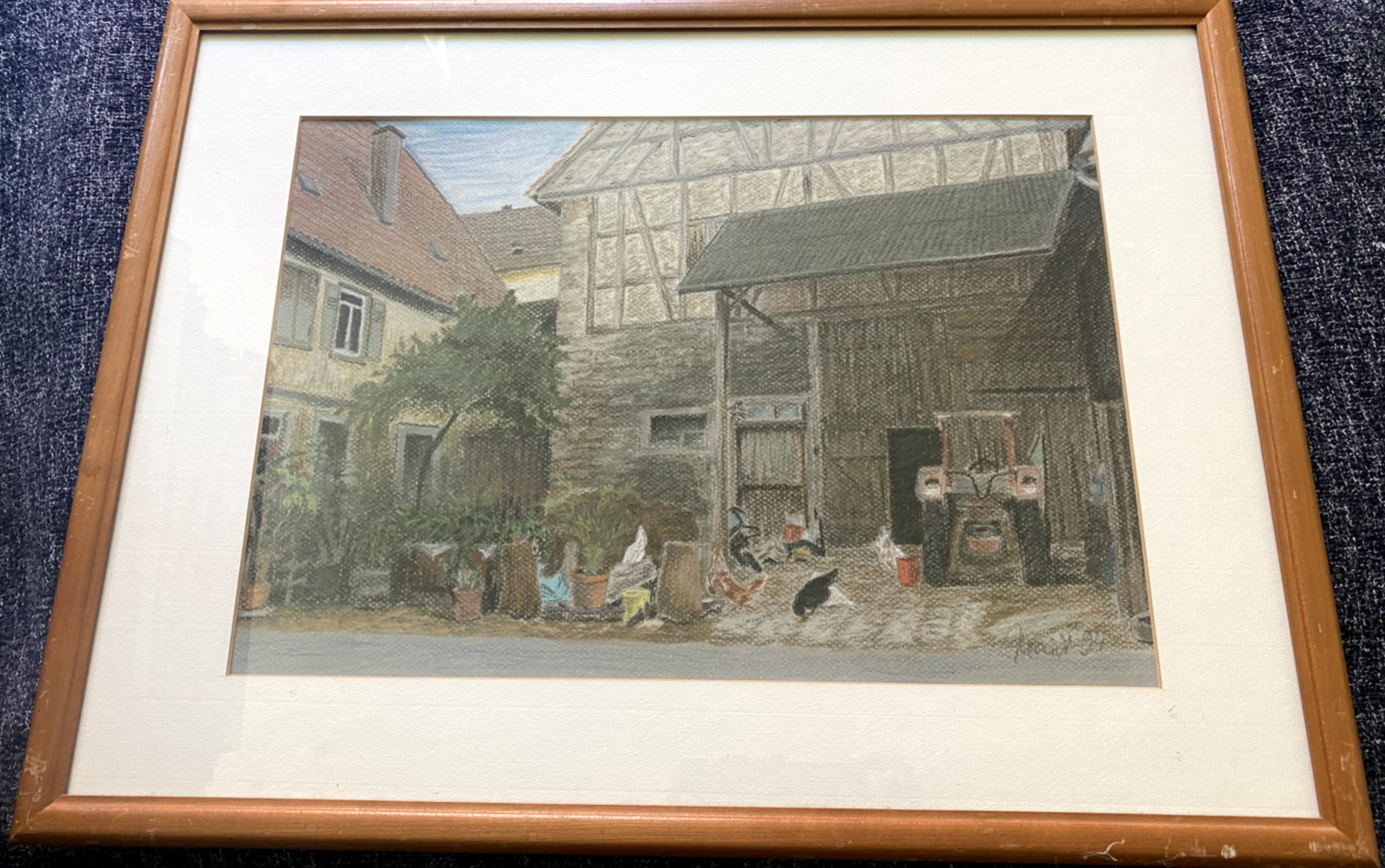 Signed Pastel Painting Farm Life Tractor Half-Timbered House