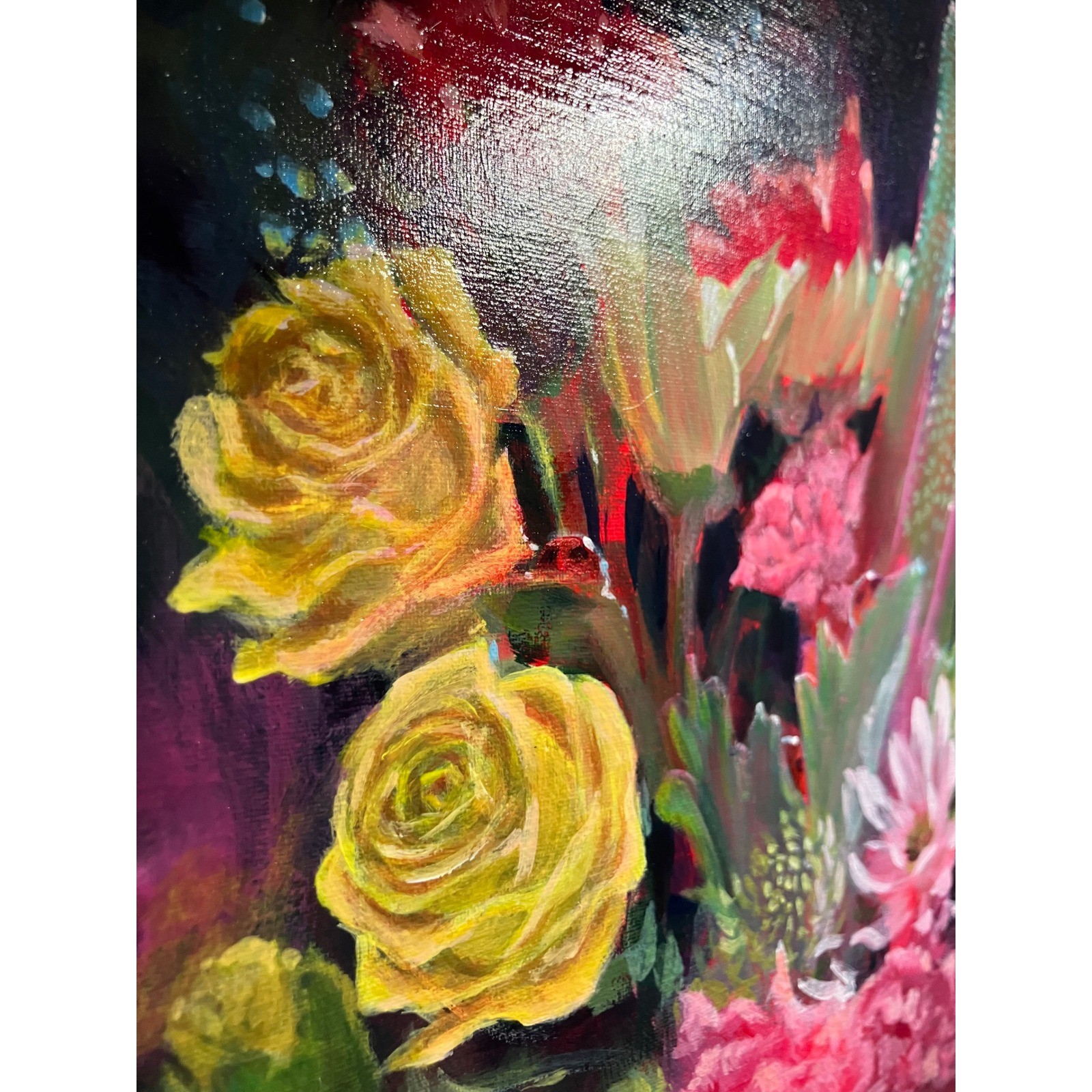 Original Painting floral still life Art ladybugs Rose bouquet Flowers US Artwork
