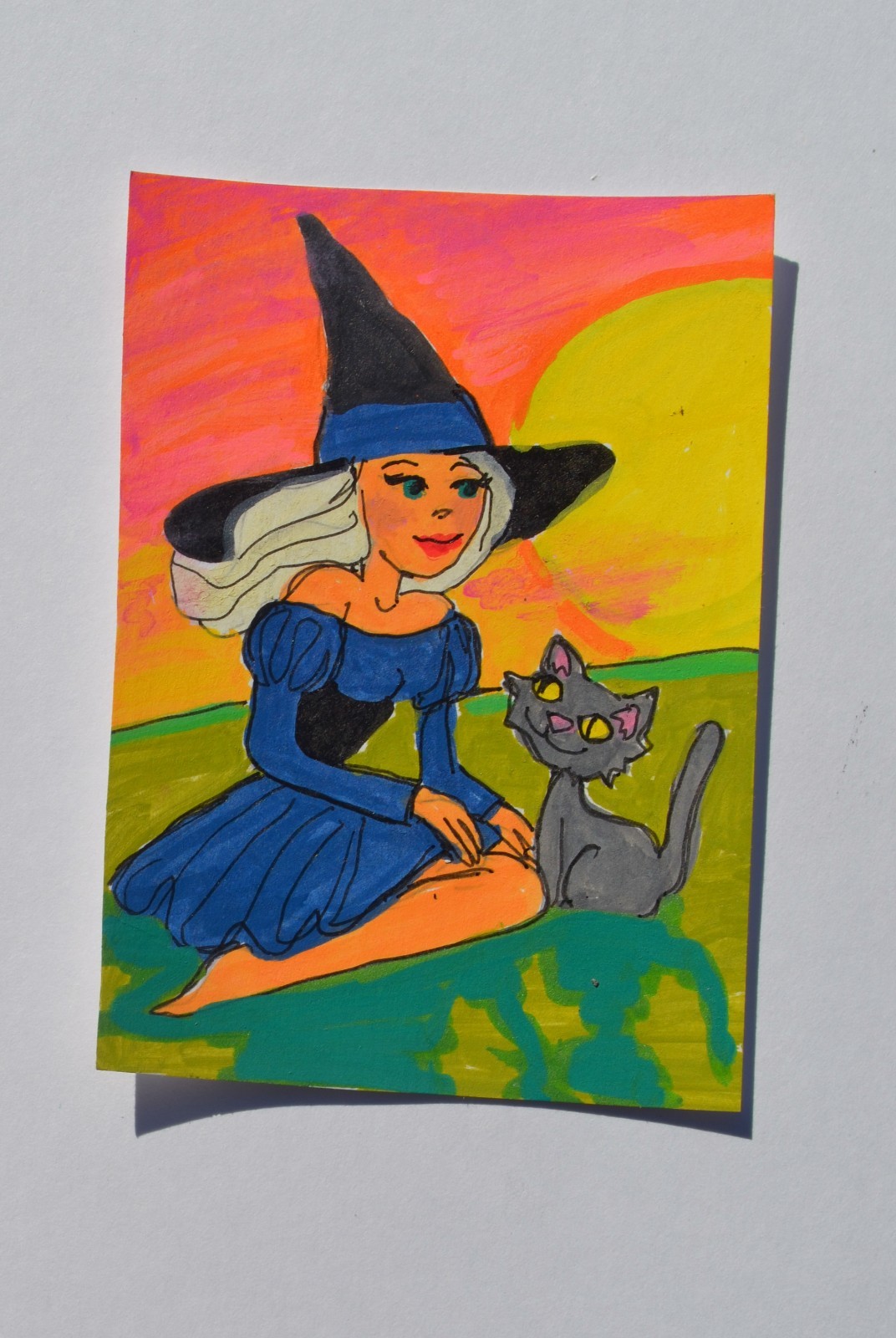 ACEO Original Witch & Cat Sunset Halloween Original not a print mixed media