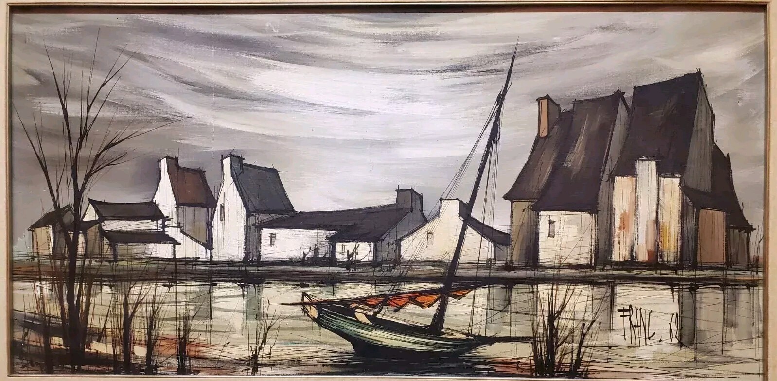 39″ Signed FRANÇOIS FRANC Calais Fishing Boat City Scape Oil Painting on Canvas