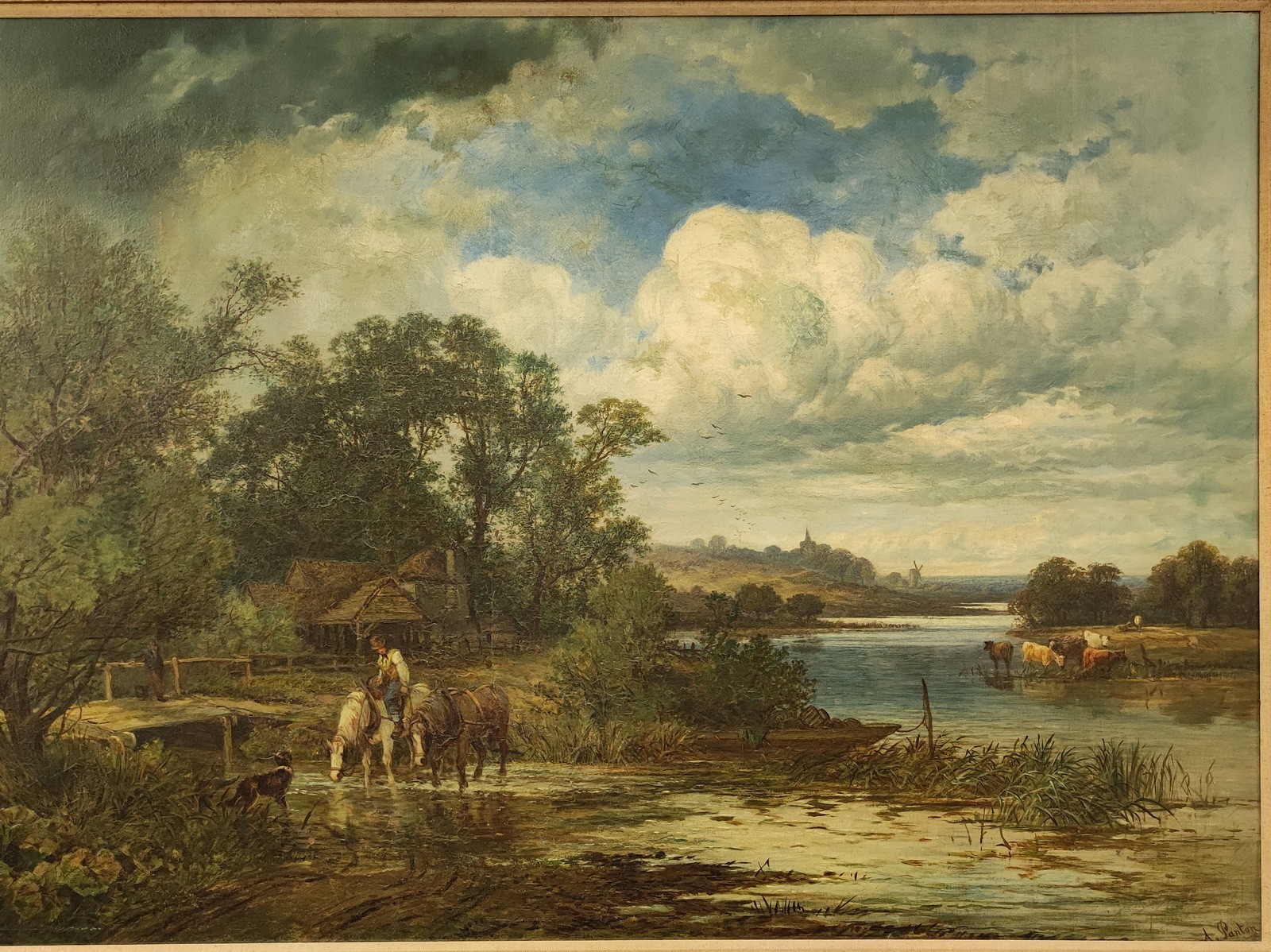 SIGNED 19TH CENTURY LARGE ORIGINAL OIL PAINTING ENGLISH PASTORAL LANDSCAPE