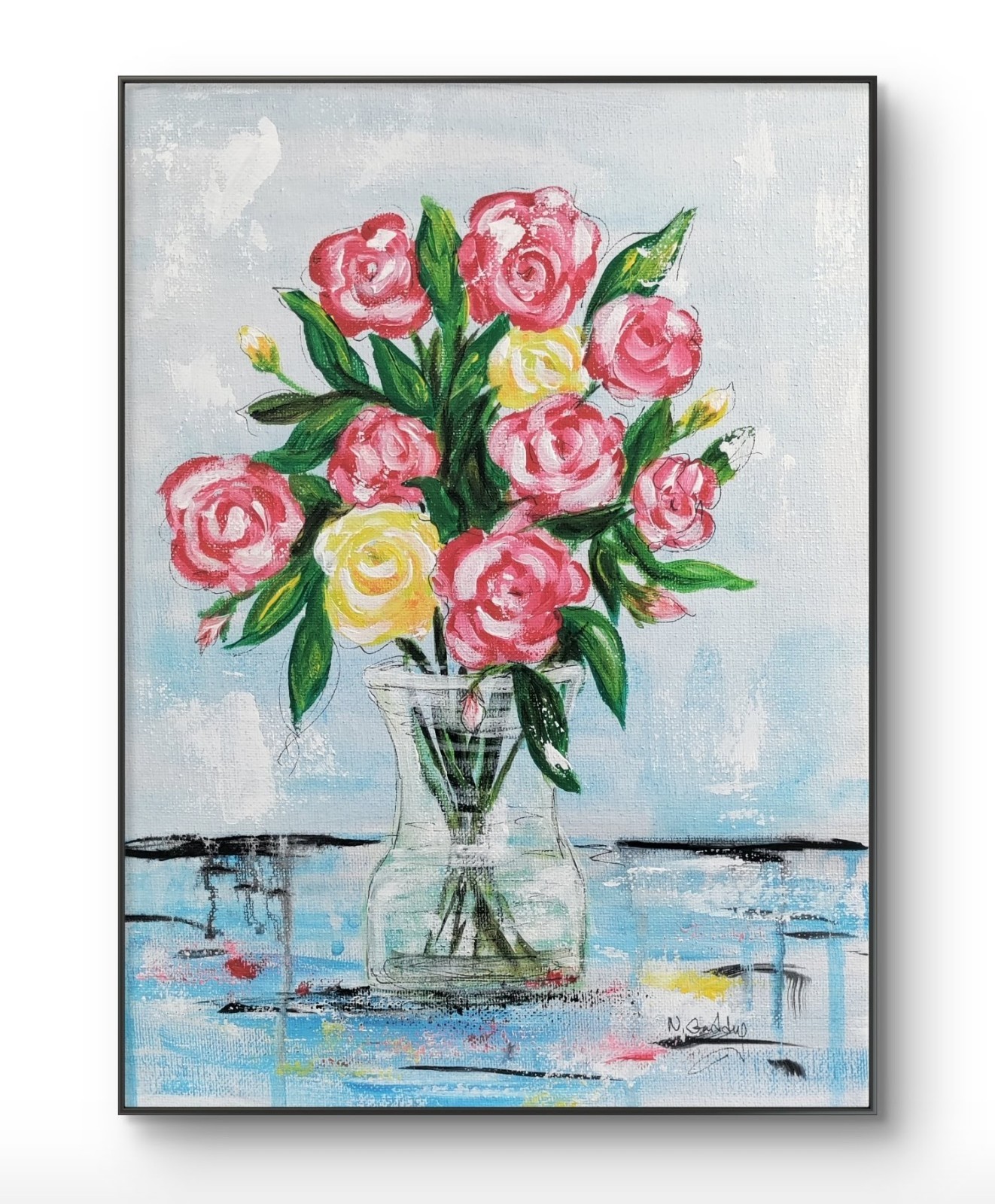 Original Expressionism 9 x 12 Roses in Vase Acrylic Canvas Painting