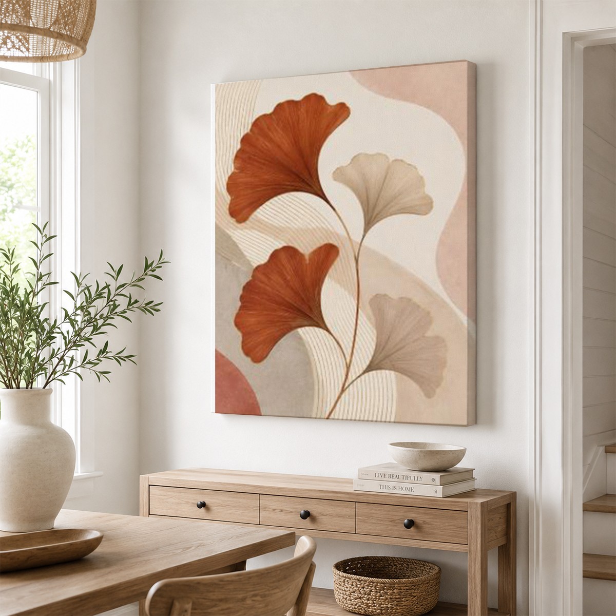 Rust Orange Ginkgo Leaf Canvas Wall Art Abstract Botanical Print Neutral Home