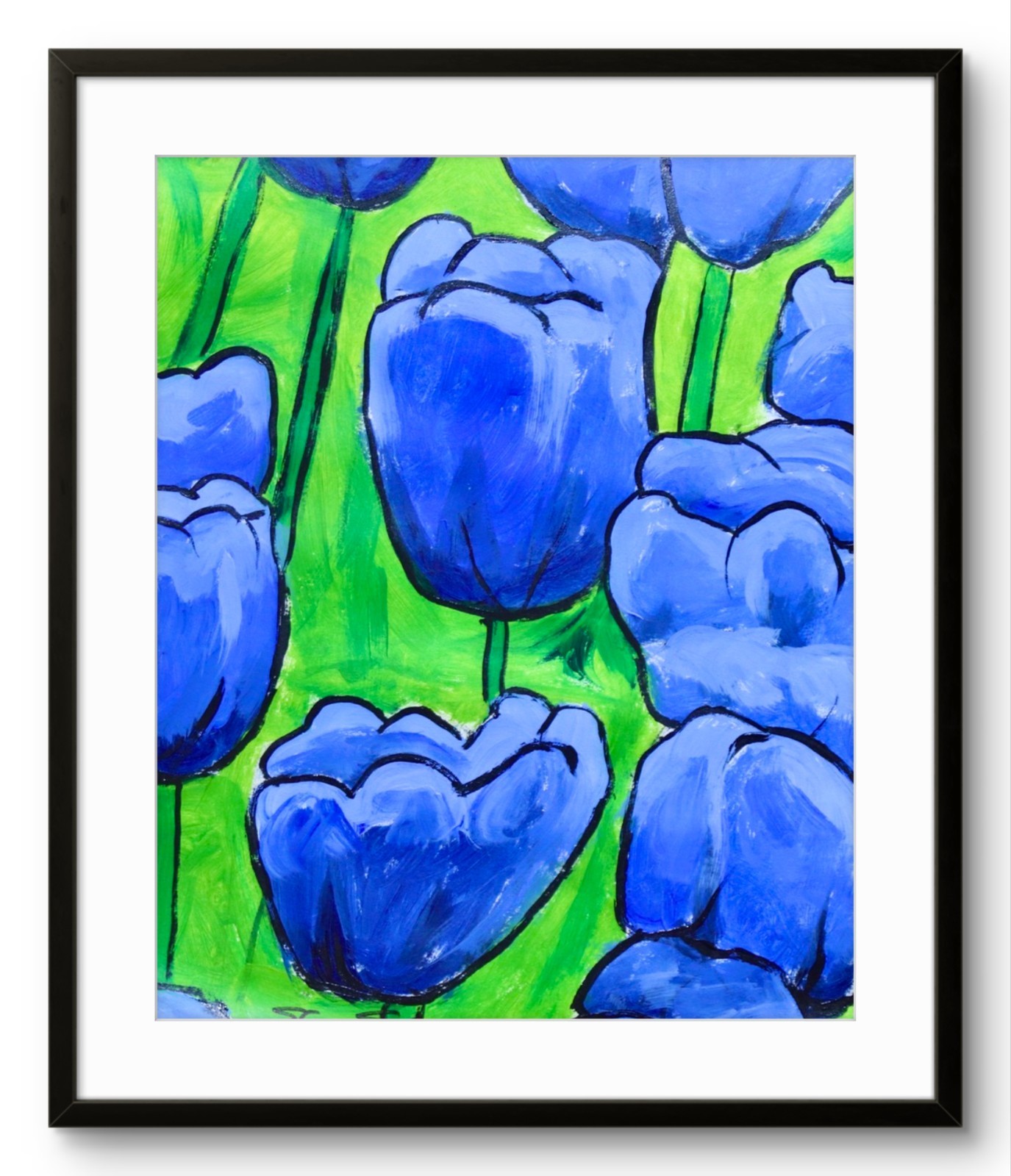 ShawNshawN Tulips Original Painting on Paper 11×14 Blue Flower Garden Art