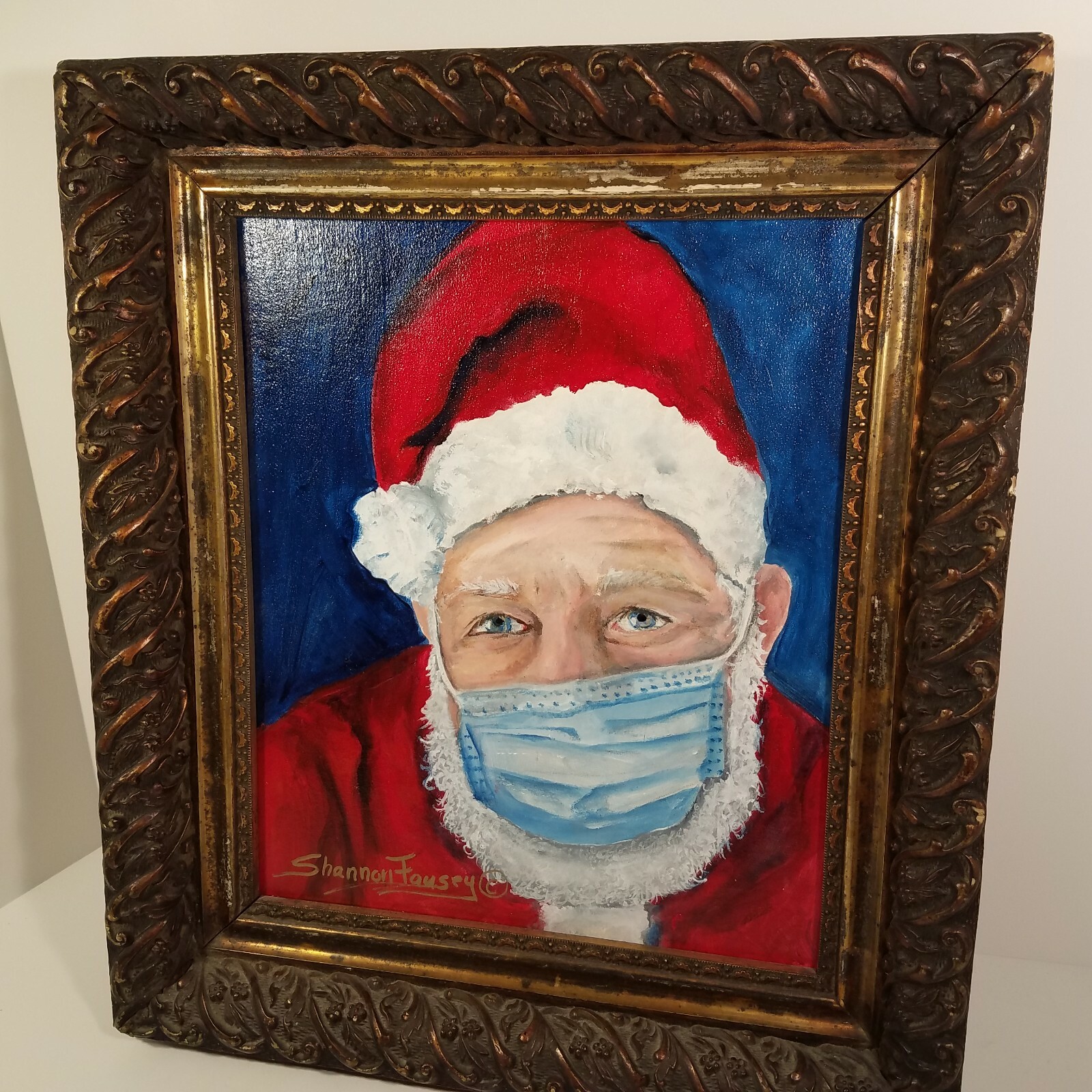 Masked Santa Acrylic Ornate Antique Frame Distressed Deep Frame Shannon Fausey
