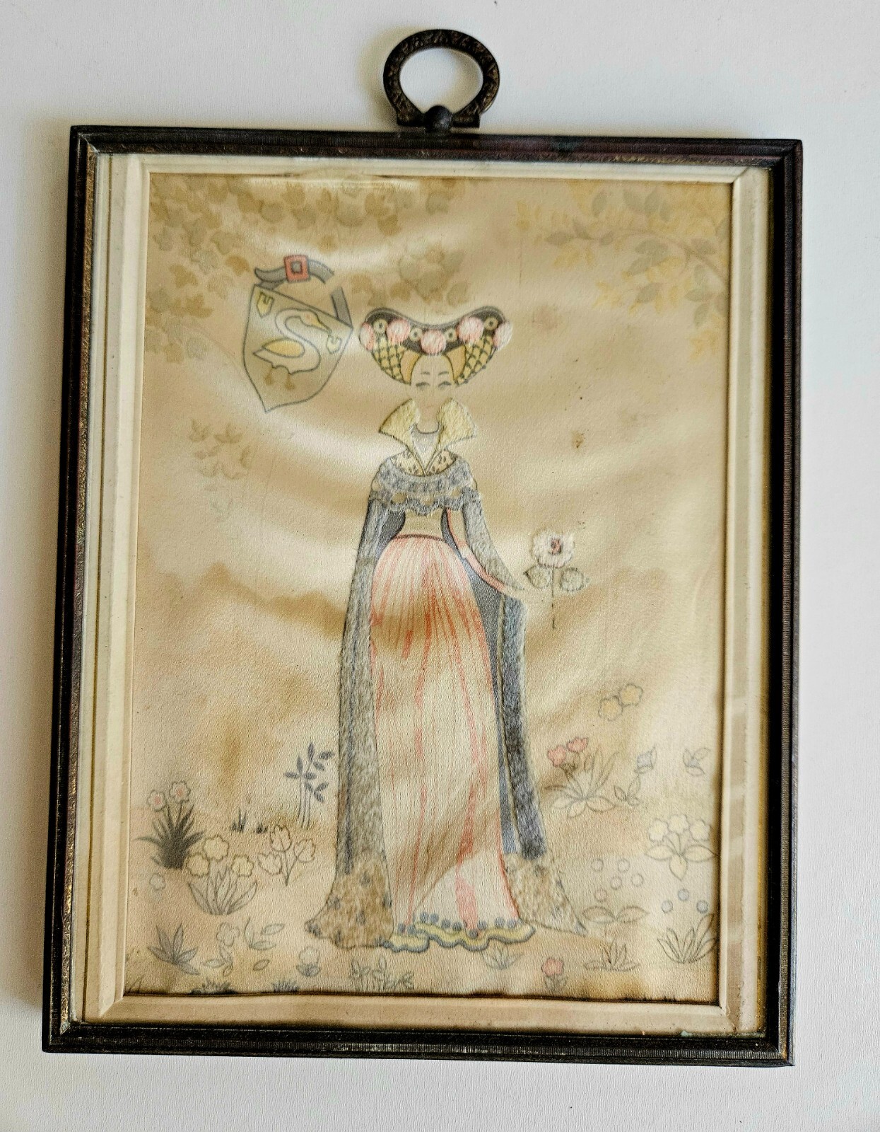 Antique French Painting on Silk Queen