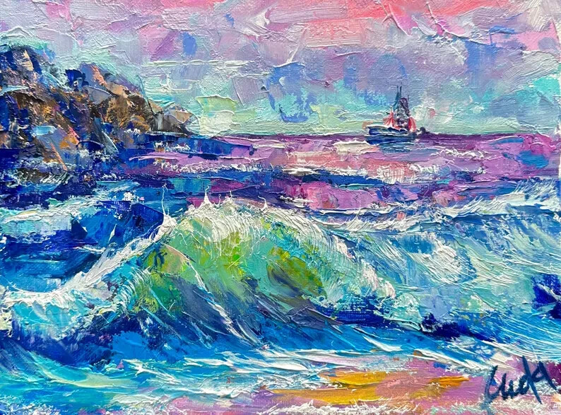 Nature Coastal Seascape Beach Ocean Waves Oil Painting on Canvas Board 9×12 Inch