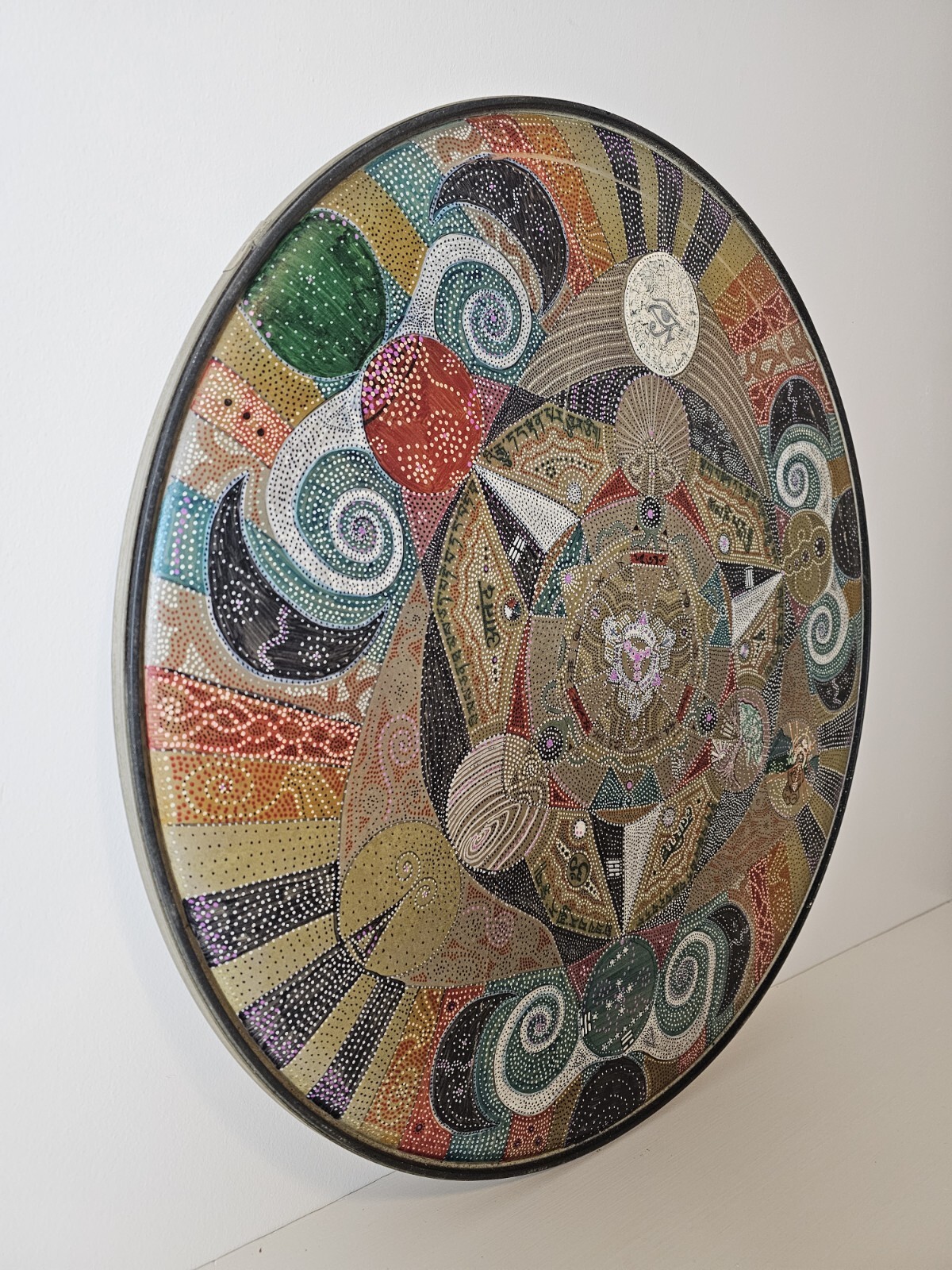 ART – Original Signed Abstract Mandala Pointalism Painting on 25 Inch Drum Head