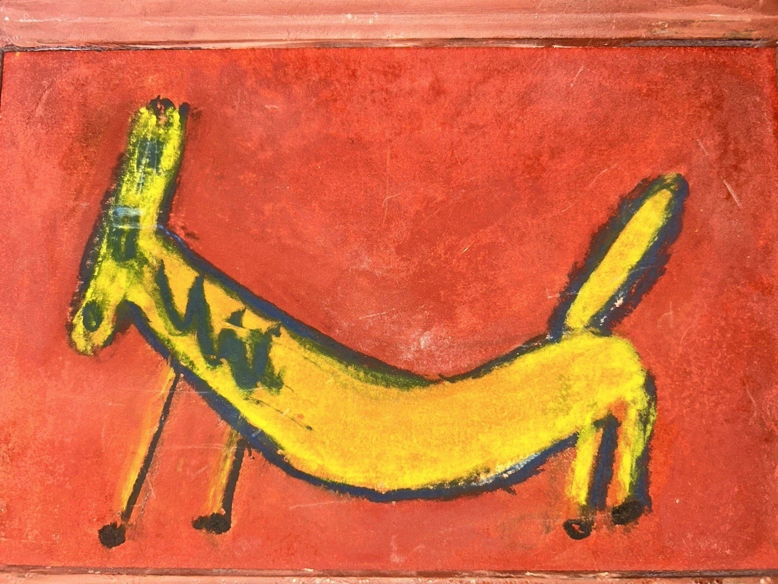 VTG Modern Yellow Daschund Hot Weiner Dog FOLK ART framed 8.25”T 10.25”W Pastel