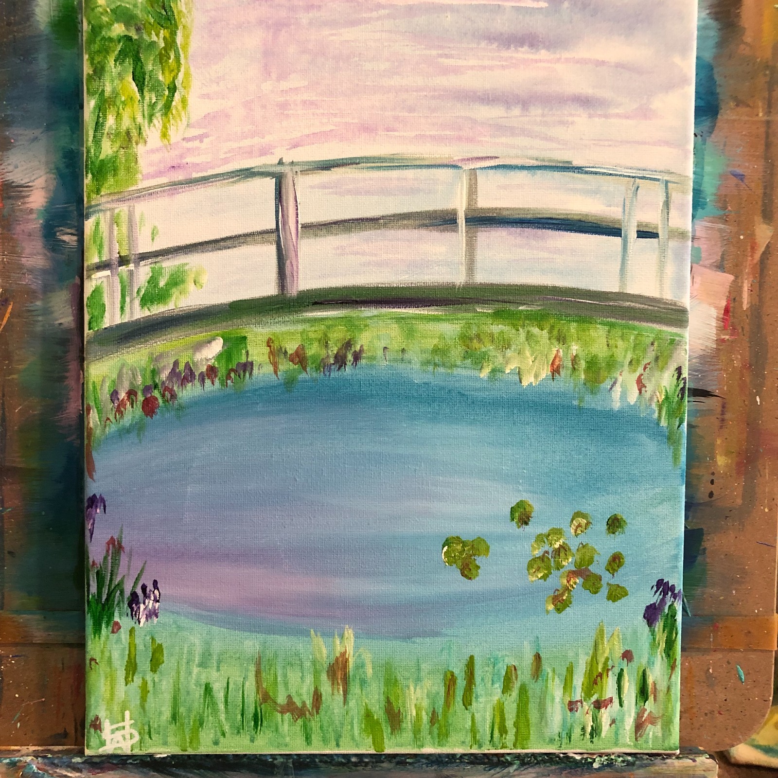 WS original impressionism bridge painting 14X11 canvas acrylic artist signed