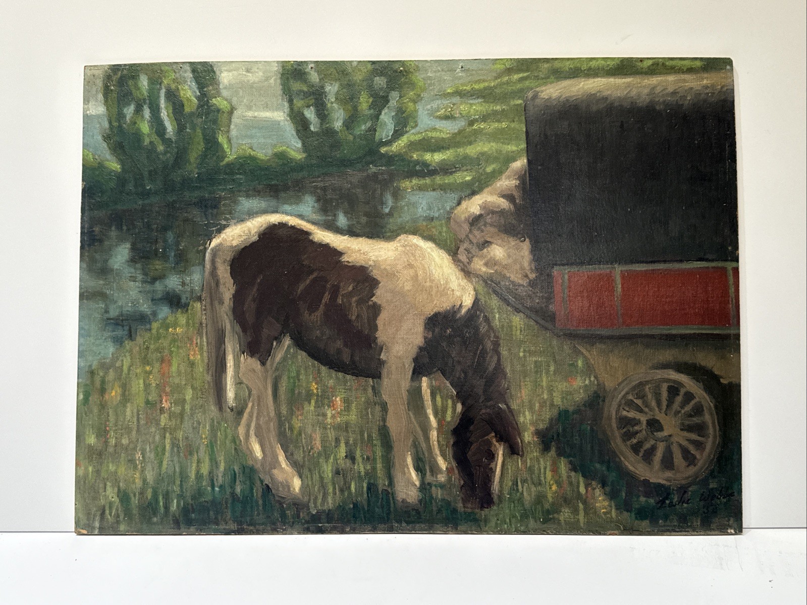Antique Horse Painting Landscape Wagon Mid Day Halt Leslie Webbe Impressionist