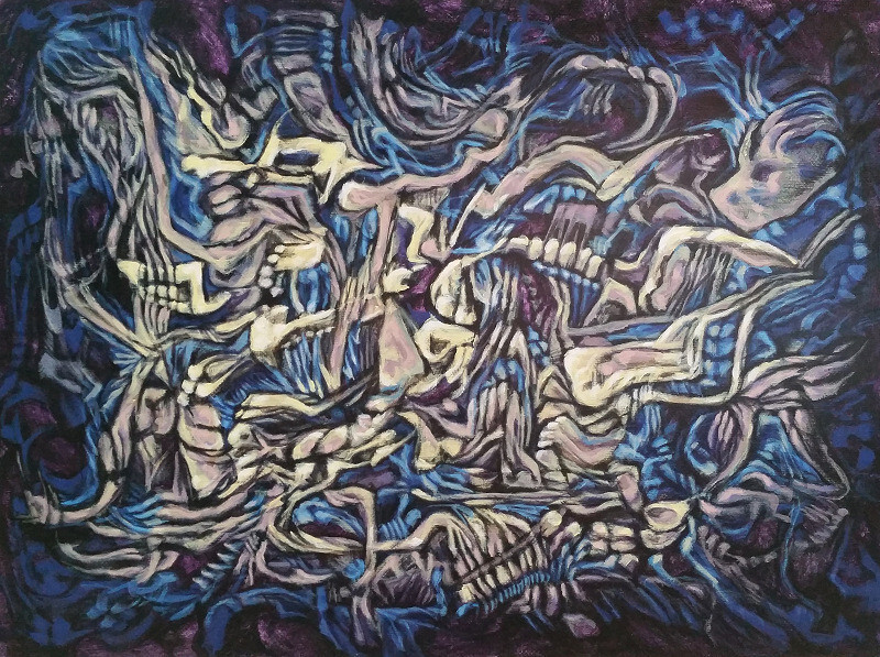 Strange but interesting 12″x16″ abstract painting «Listening to the Teller»