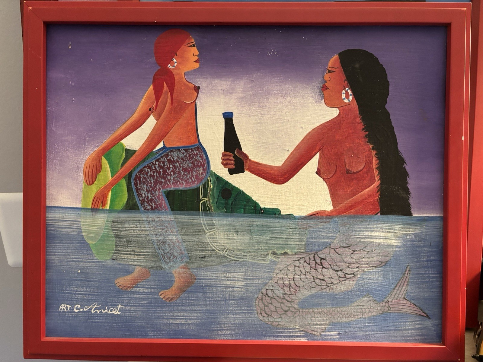 C. Avicet Framed Signed Mermaid & Woman Fantasy Nautical Painting, Medium